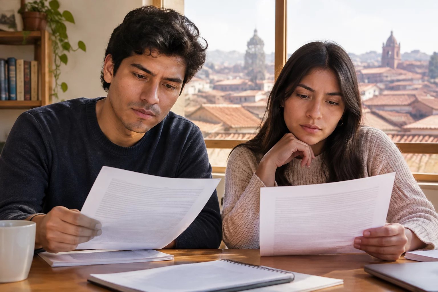 Dos personas leyendo hojas de argumento impresas en la mesa
